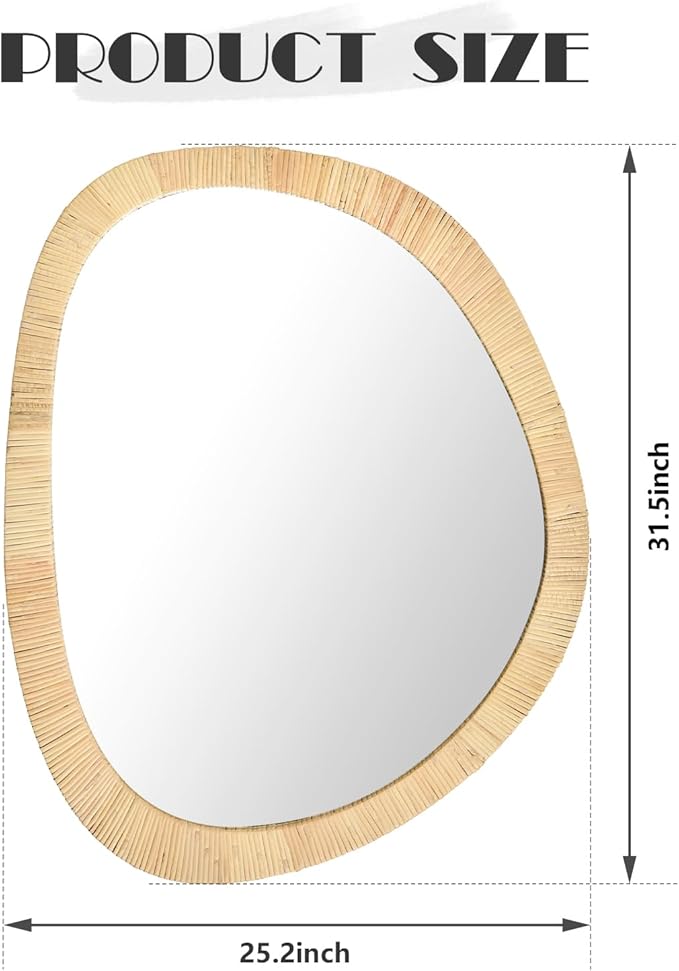 sawsile Rattan Mirror,31.5x25.2 Irregular Boho Bathroom Rattan Farmhouse Wicker Asymmetrical Wood Wall Mirror for Nursery,Bathroom,Living Room,Washroom