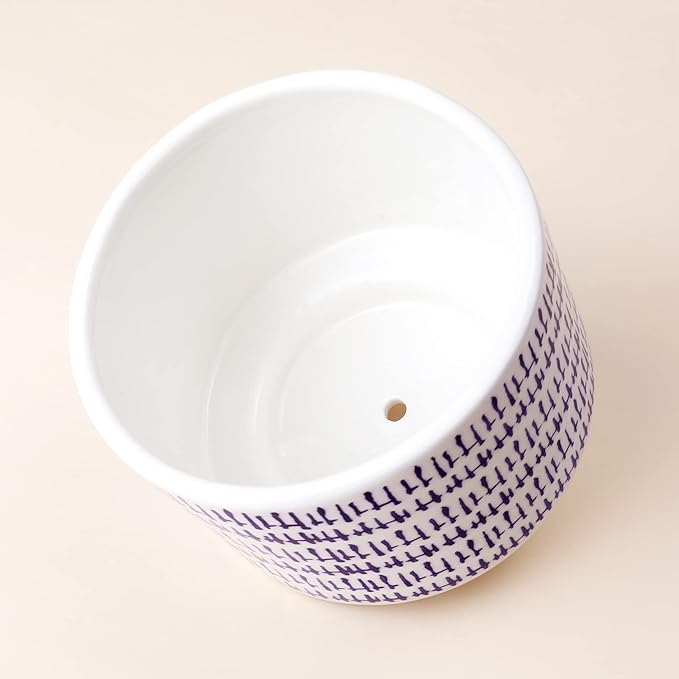 LA JOLIE MUSE Blue Planter with Stand - 7.3 Inch Retro Round Decorative Flower Pot Indoor with Wood Planter Holder, Blue and White, Home Decor Gift