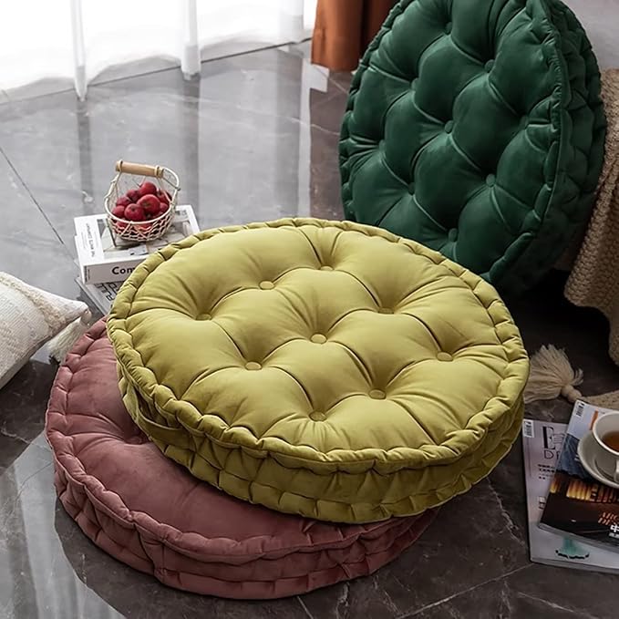 Floor Pillow Seating Round Pouf Meditation Cushion Tufted Bench Chair Cushion Soft Thicken Velvet Tatami Mat Seat Pads Floor Cushions Sitting Pillow for Living Room Indoor Outdoor 24" x 24", Teal