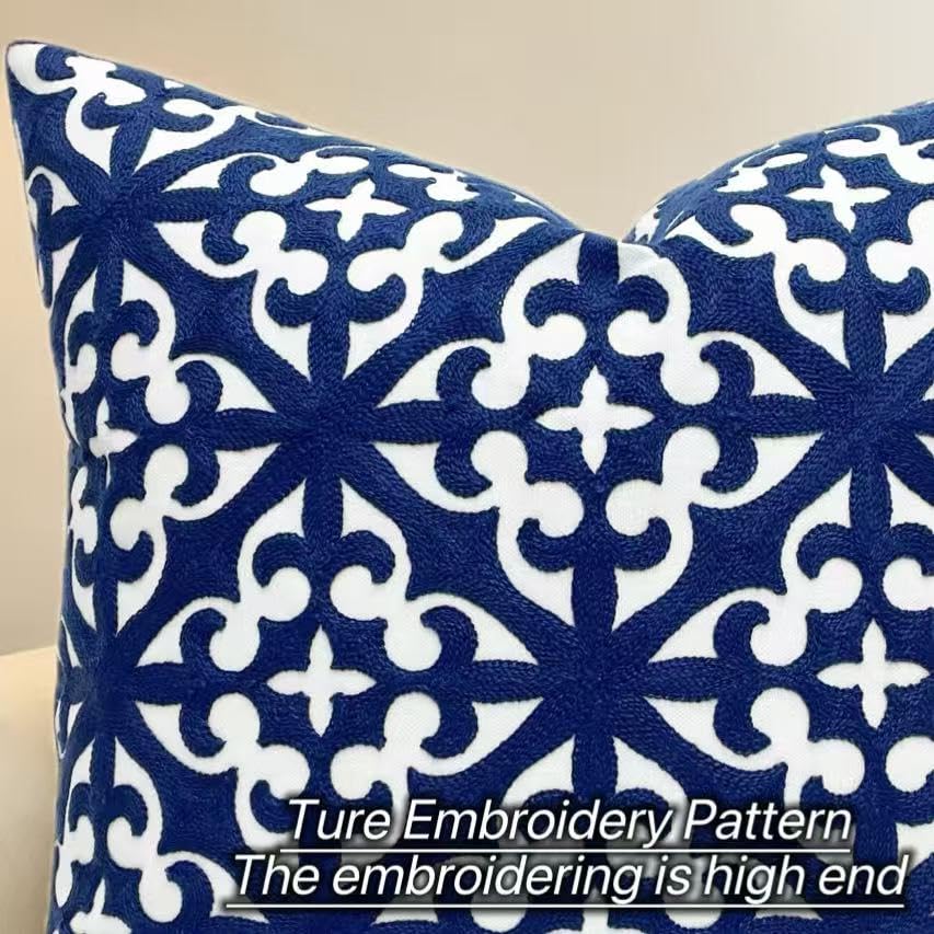 Slow Cow Canvas Embroidery Decorative Throw Pillow Cover Navy Blue Cushion Cover for Living Room 18 x18 Inches - color: Navy White, size: 18" x 18" (Pack of 1)