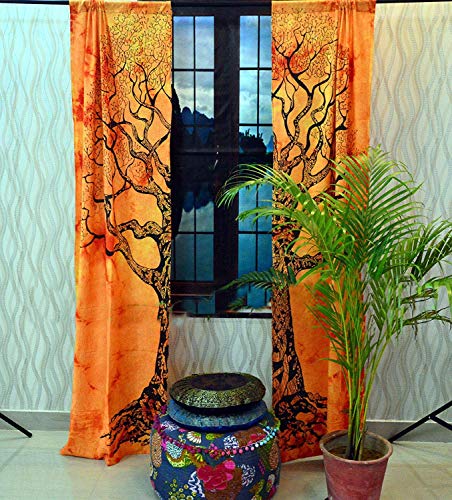 Indian Mandala Tree of Life Window Curtain Handmade Cotton Door Curtains Dorm Decor Tapestry Balcony Wall Drapes Window Treatment Door Cover Wall Panels Wall Sheer Blackout 82X52 Inch - color: Coral Color, size: 52"W x 82"L (Pack of 1)