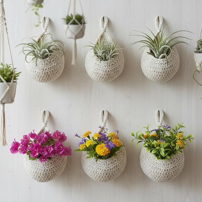 6 Pack Natural Cotton Rope Hanging Basket Hand Woven Wall Mounted Hung Fruit Vegetable Potted Plants Organizer Living Room Kitchen Boho Decor Storage Bags (6 Sizes White)
