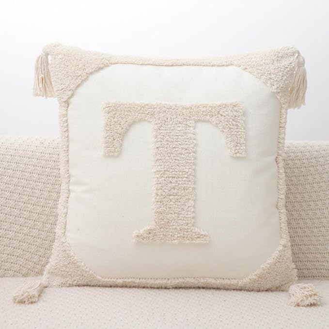 Monogram Pillow Covers with Tassels 18”x18” Modern Cotton Canvas Tufted Alphabet T Throw Pillow Covers for Sofa Couch Bed 26 English Letters Decorative Pillow Case for Sofa Throw Pillows