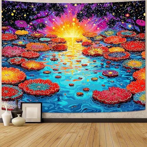 Lunerfex Trippy Lotus Pond Sunrise Wall Tapestry, Vibrant Water Lilies Tapestries for Home Decor, Artistic Tapestry 90x70 Inch - color: Golden Yellow, size: 90"L x 70"W