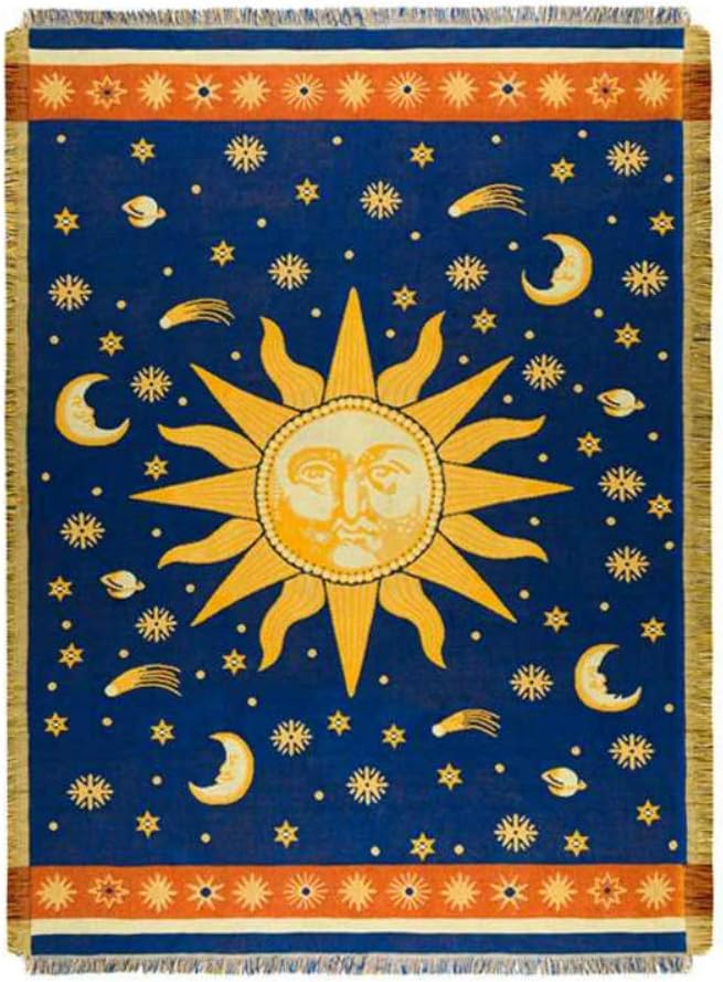 Erke Moon and Sun Throw Blanket Celestial Chair Recliner Cover Bed Spread Hippie Room Decor, Double Sided Cotton Woven Sofa Couch Furniture Aesthetic Witchy Throws - 50" X 70", Yellow/Blue