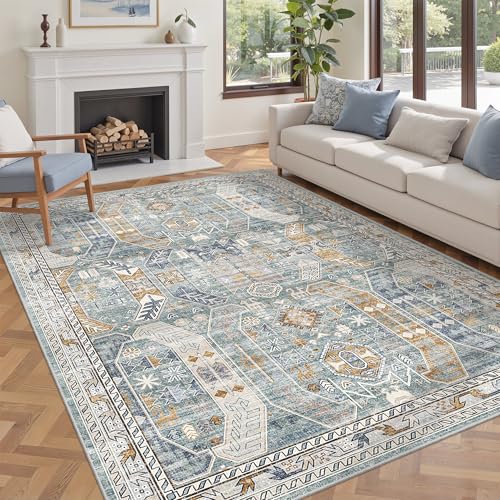 befbee 5x7 Area Rugs for Living Room,Stain Resistant Washable Rug,Non-Slip Backing Carpets for Bedroom,Kitchen,Printed Vintage Home Decor Rug (Blue/Gold, 5'x7') - color: Blue/Gold, size: 5' x 7' (Rectangular)
