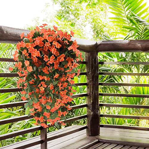 Artificial Fake Hanging Flowers Plants for Outdoor Fall Decoration, 2PCS Faux Silk Violet UV Resistant Look Real Trailing Vines for Outside Home Planter Porch Patio Mums Autumn Decor(Orange) - color: A Orange