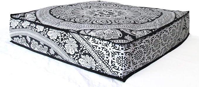 Black White Elephant Flower Mandala Mandala Barmeri Large Floor Pillow Cover Cushion Meditation Seating Ottoman Throw Cover Hippie Decorative Zipped Bohemian Pouf Ottoman Cases 24 " square