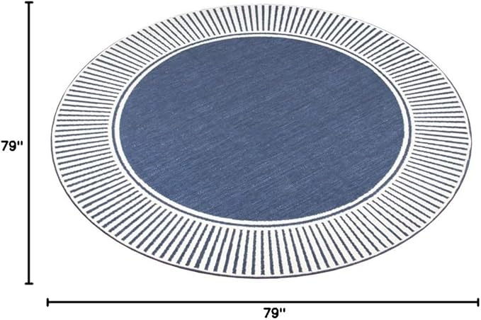 Nuloom Asha Navy/Ivory, 6'7" Round, Casual, Striped Border, Soft and Cozy, High Traffic, Stain Resistant, Easy Clean, Durable Area Rug for Indoor/Outdoor Patio, Deck, Porch, Garden, Courtyard