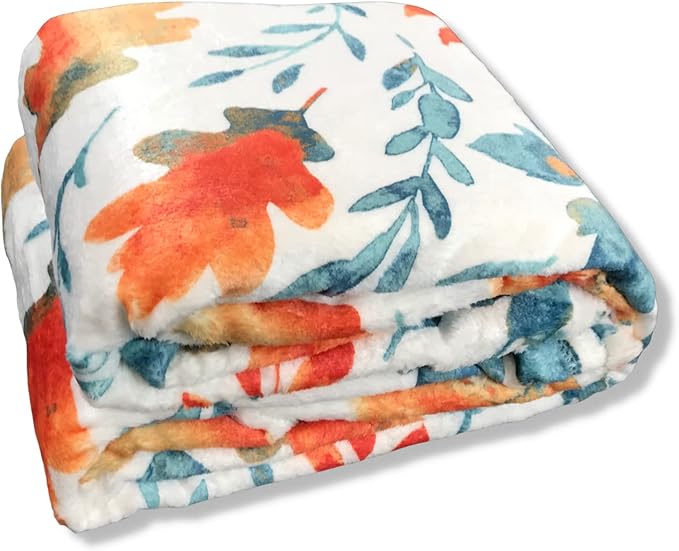 Fall Harvest Autumn Leaves Fleece Throw Blanket: Contemporary Autumn Leaf Print on Soft White Velvet Fleece for Living Room Couch Chair Bed or Dorm