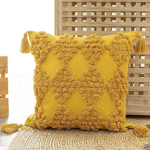 Boho Geometric Throw Pillow Cover Woven Tufted Cushion Cover with Tassel,Canvas Decorative Square Throw Pillowcase for Sofa Couch Bedroom (Yellow,18"×18")