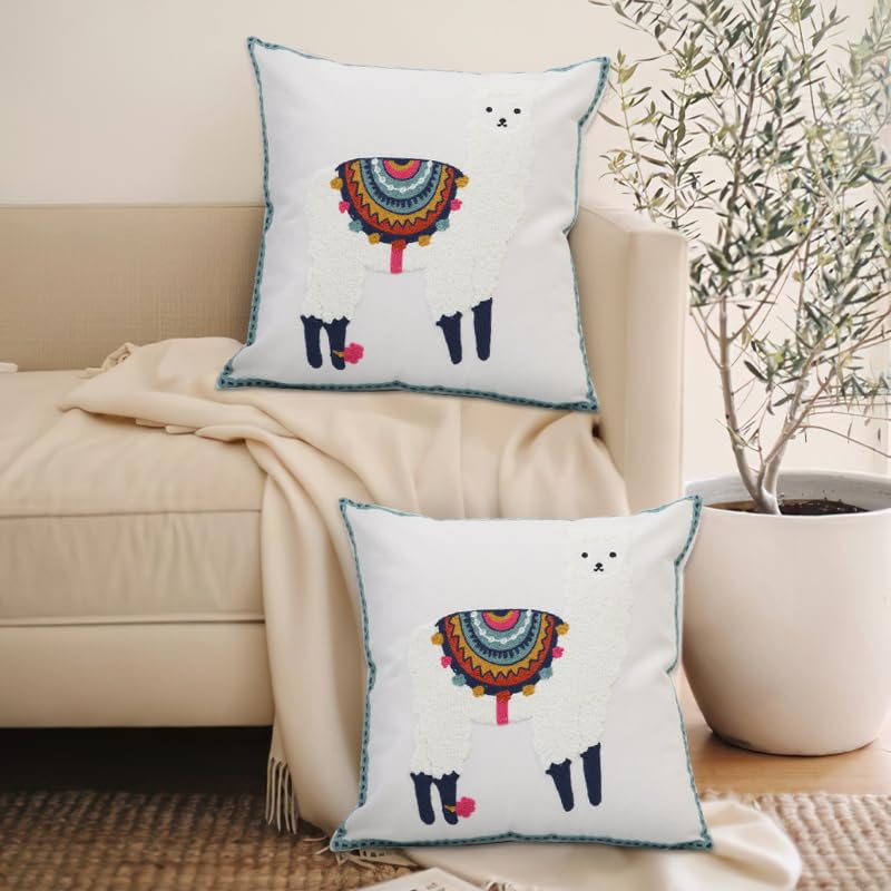 Pack of 2 Embroidered Decorative Throw Pillow Cover 18x18 Inch Farmhouse Floral Pillowcase for Living Room Sofa Bed (White Alpaca) - color: White Alpaca