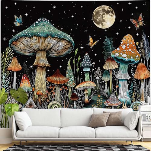 Accnicc Vintage Mushroom Tapestry Hippie Plant Butterfly Wall Tapestry for Bedroom Aesthetic Fantasy Moon Starry Night Snail Small Tapestries Wall Hanging for Dorm Living Room Decor 60 × 44 Inch - color: Black Blue, size: 60"L x 44"W