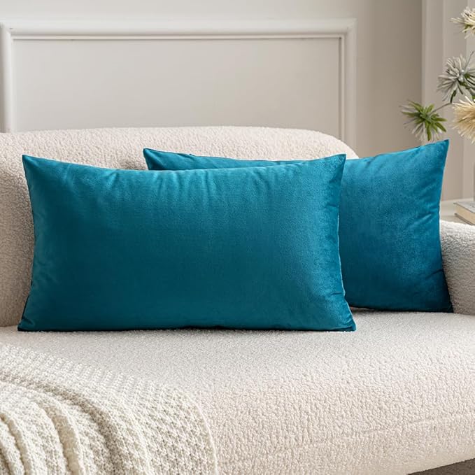 MIULEE Velvet Throw Pillow Covers 12x20 Inch, Pack of 2 - Teal, Soft Solid Lumbar Decorative Pillow Covers Modern Luxury Home Decor for Spring Couch Sofa Bedroom Livingroom