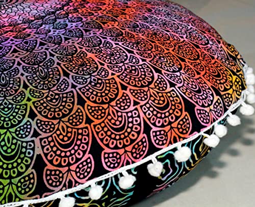 Round Mandala Floor Pillow Cover Seating Cushion Throw Cover Hippie Decorative Bohemian Ottoman Pouf Cover, Pom Pom Pillow Cases,Boho Indian 22 Inches (Multi Peacock) - color: Multi Peacock