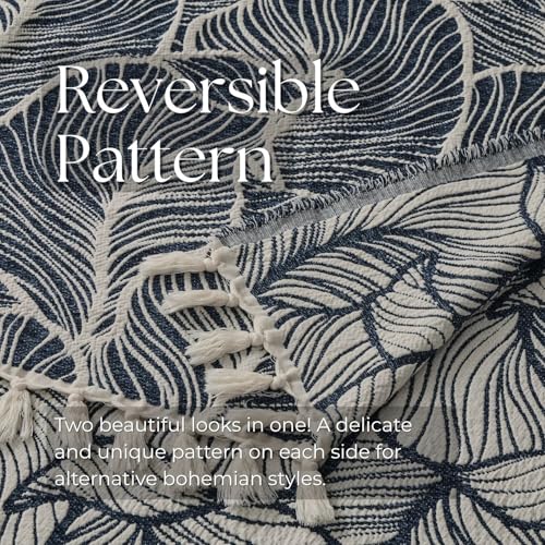 DOWN HOME Chenille Cotton Throw Blanket for Couch, Lightweight Boho Blanket for Bed Sofa Chair Living Room Outdoor Soft Woven Decorative Blanket with Tassel Gift Navy Leaves 50"x70" - color: Navy, size: 50"x70"
