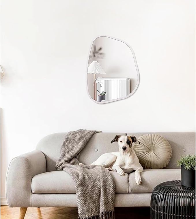 Irregular Wall Mirror Asymmetrical White Mirror Modern Wood Frame Unique Shape Wall Mounted Vanity Artistic Mirror Decor for Living Room Bedroom Bathroom Entryway Hallway Large 16"x12"