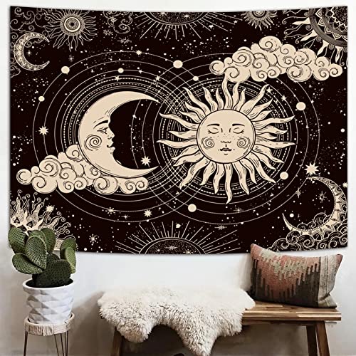 Wonrizon Sun and Moon Tapestry, Aesthetic Black Dark Spiritual Tapestries Mystic Burning Sun with Clouds Star Wall Hanging decor for Bedroom (70.9" x 94.5") - size: 94.5"L x 70.9"W