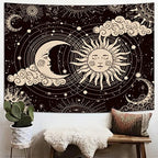 Wonrizon Sun and Moon Tapestry, Aesthetic Black Dark Spiritual Tapestries Mystic Burning Sun with Clouds Star Wall Hanging decor for Bedroom (70.9" x 94.5") - size: 94.5"L x 70.9"W