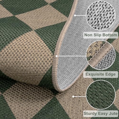 Rugalia Easy Jute Checkered Entryway Rug, 2x3 Green Modern Indoor Outdoor Doormat, Washable Non-Slip Neutral Small Kitchen Rug Farmhouse Diamond Throw Rugs for Entrance Bedroom Bathroom - color: Green Checkered, size: 2' x 3' (Rectangular)