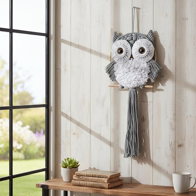 ACEDSGN Macrame Owl Wall Hanging Boho Dream Catcher, Handmade Tapestry Fiber Art Wall Decor for Nursery Bedroom Living Room, Sustainable Gift for Owl Lovers & Nature Fans - Light Gray