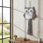 ACEDSGN Macrame Owl Wall Hanging Boho Dream Catcher, Handmade Tapestry Fiber Art Wall Decor for Nursery Bedroom Living Room, Sustainable Gift for Owl Lovers & Nature Fans - Light Gray