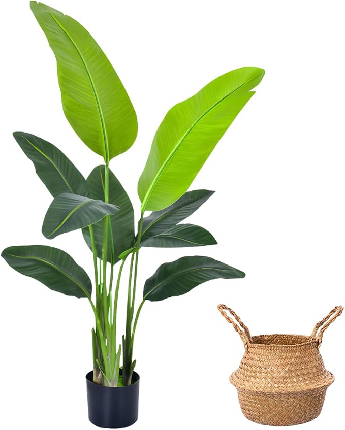 Bird of Paradise Plant Artificial 4ft, Faux Banana Leaf Tree with 9 Trunks in Pot and Woven Seagrass Belly Basket - The Perfect Silk Faux Plant for Indoor Outdoor House Living Room Decor