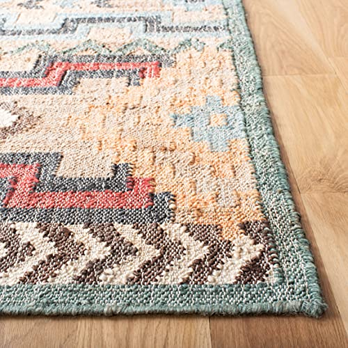 SAFAVIEH Kilim Collection Area Rug - 7' Square, Natural & Blue, Handmade Flat Weave Jute, Ideal for High Traffic Areas in Living Room, Bedroom (KLM760M) - size: 7' x 7' (Square)
