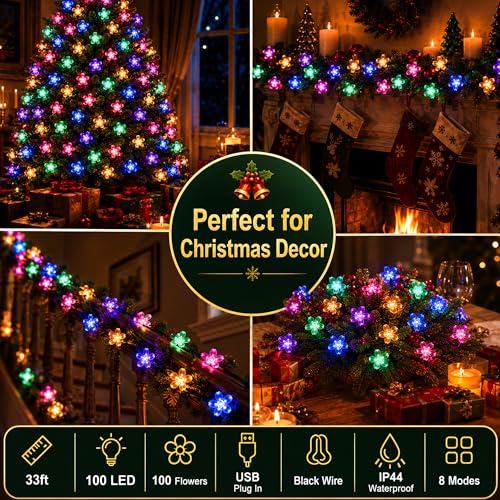 Pastel Flower Fairy Lights String with Timer for Easter Christmas Decor, | USB plug in 8 modes multicolored cherry blossom lights for wedding, Christmas Easter, bedroom, indoor outdoor decorations - color: 33ft Multicolor Flower Lights