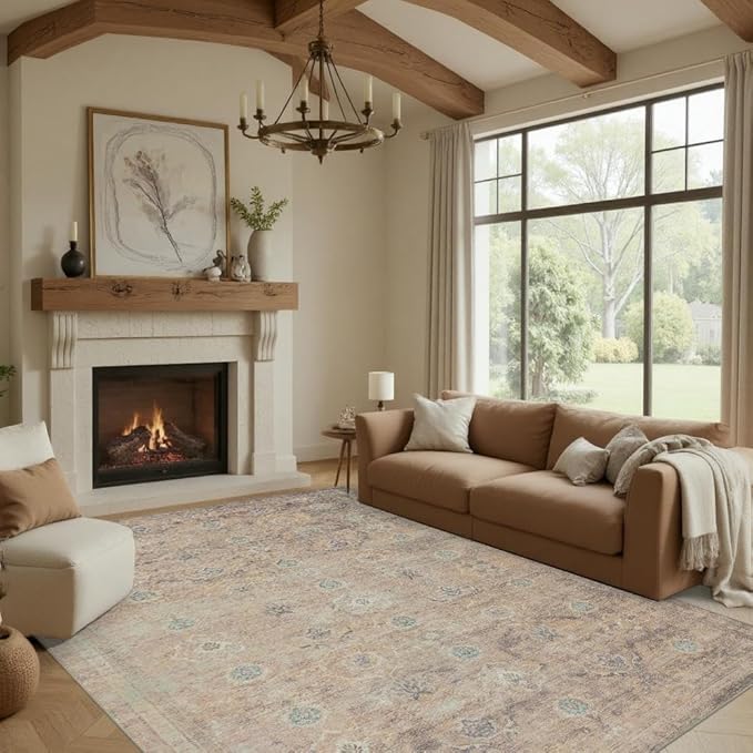 Beige Rug 5x7 Neutral Area Rugs for Living Room Bedroom, Washable Vintage Floral Retro Boho Non Slip & Low Pile Carpet for Indoor Dining Room and Kids Room(Beige 5x7ft)