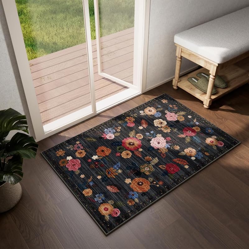 2x3 Washable Entryway Area Rugs: Floral Small Rug Non Slip Door Mat Indoor Entrance Soft Low Pile Throw Rugs for Inside Front Door Floor Bedroom Bedside Kitchen Nursery Home Office Entry - color: Black Floral, size: 2' x 3' (Rectangular)