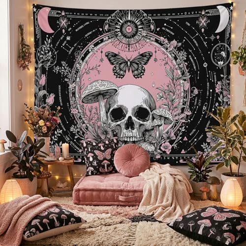 Haibimen Skull Tapestry Pink Gothic Mushroom Butterfly Moon Tapestry for Bedroom Witchy Skeleton Floral Mystic Tapestries Wall Hanging for Living Room, Bedroom, Dorm (Black 5, 80''×60'') - color: Black 5, size: 80''×60''