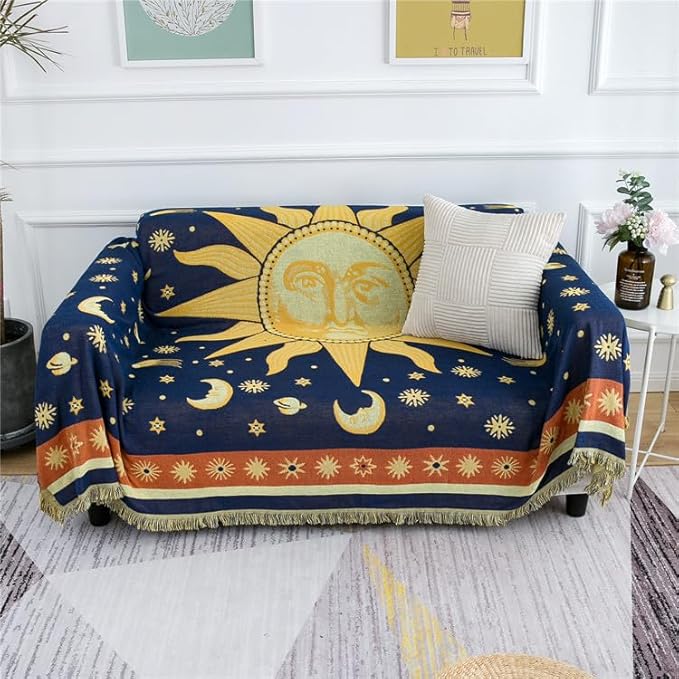 Hippie Throw Blanket Sun Moon Stars Boho Throw Blankets Celestial Tapestry Double-Sided Reversible Woven Cotton Home Decor Bedding Chair Couch Recliner Cover Oversized Tassels Astrology 70"x90"