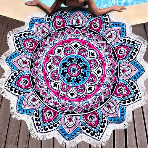 Benefeet Sox Large Mandala Beach Towel Round Microfiber Circle Beach Towels Bohemian Roundie Beach Blanket Quick Dry Beach Throw Blanket Sand Free Pool Towels, 59 Inches Blue Pink - color: Mandala, Blue Pink
