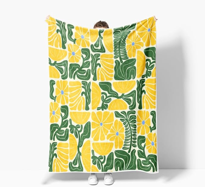 Boho Abstract Colorful Floral Throw Blanket, Vintage Retro Patchwork Yellow Green Flower Botanical Geometric Aesthetic Groovy Flannel Throw Blanket for Chair Bed Sofa Couch, 50X60IN