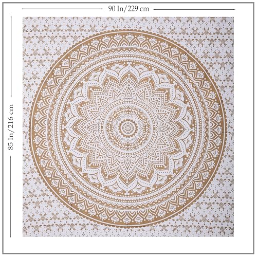 THE ART BOX Glittering Gold Tapestry Wall Hanging Mandala- Indian Cotton Throw Hippie Tapestries - Boho Bedding White Golden Queen Bedspread 85x90 inches-Meditation Yoga Rugs Mats - color: Gold and White, size: 85"L x 90"W