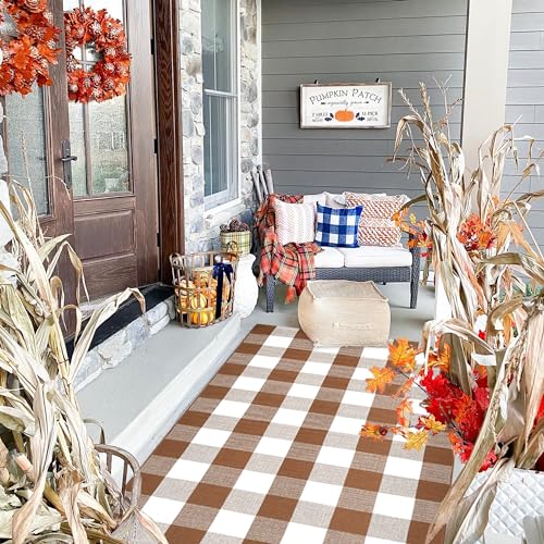 Ckorzen Coffee and White Plaid Rug,28" x 43" Outdoor Front Porch Door Decor Mat, Washable Cotton Woven Farmhouse Area Rug for Layered Door Mats Carpet, Entryway, Easter Décor - color: Coffee & White, size: 2'4" x 3'7" (Rectangular)