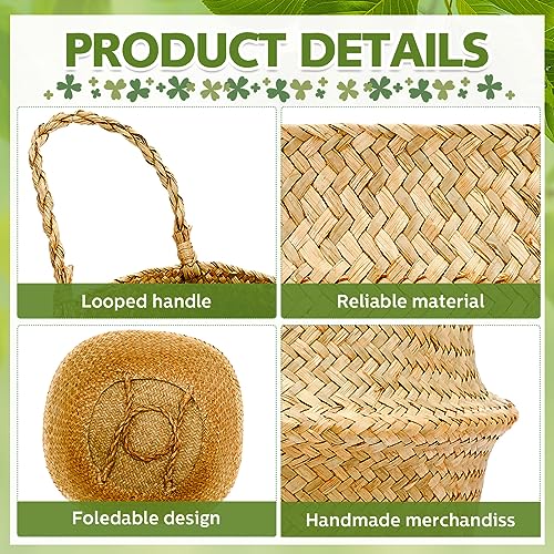Qunclay 8 Pcs Woven Seagrass Baskets Belly Basket Folding Boho Natural Plant Pot with Handles Round Decorative Wicker Large Indoor Planter for Home Outdoor Tree Planters Decor (L,13''dx11''h) - size: L,13''Dx11''H