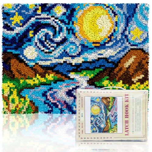 ORIGACH Starry Night Sky Latch Hook Rug Kit for Adults Printed Rug Making Kit Handmade Carpet Tapestry Cover with Hook Latch and Preprinted Canvas, Home Arts Crafts Sofa Decor, 20.5x15inch - style: Starry Night Sky