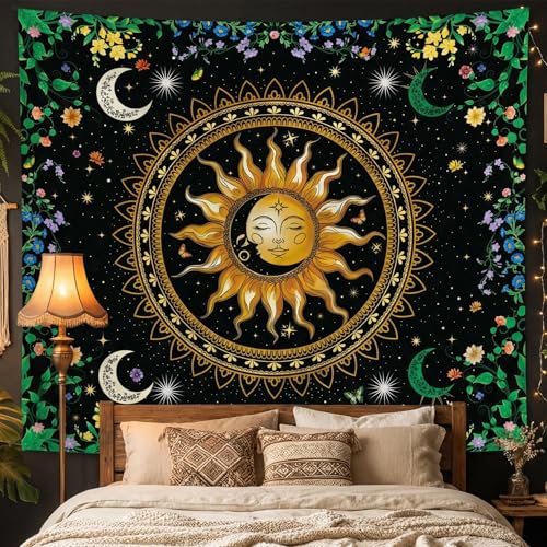 Alened Boho Mandala Nature Tapestries for Bedroom Decor,Sun and Moon Celestial Starry Night Poster,Mandala flowers tapestry wall hanging(51"×60") - color: black Tapestry, size: 60"L x 51"W