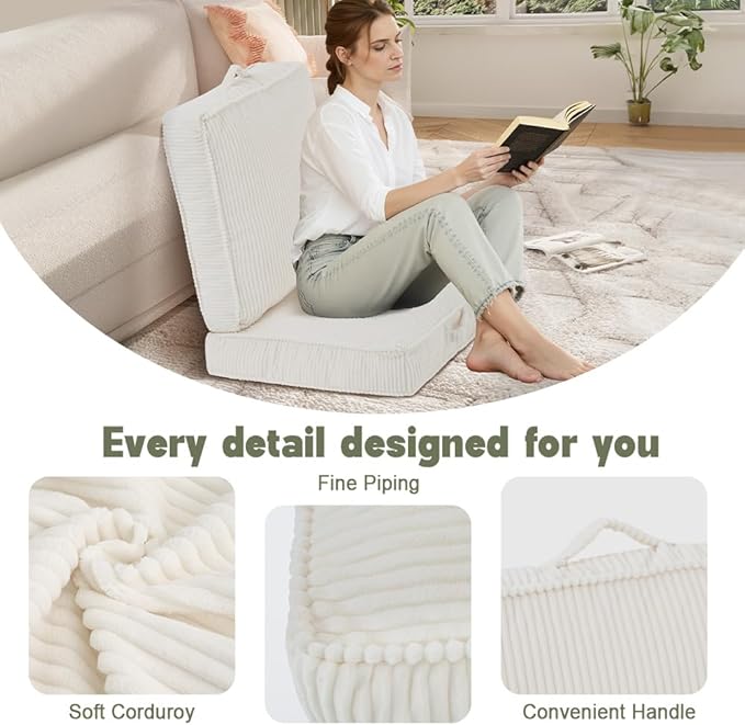 Floor Pillow for Adults Set of 2, 4" Square Floor Cushions with Washable Cover, Large Corduroy Meditation Pillow, 24 inches Tatami Seat with Handle for Living Room or Yoga, Beige
