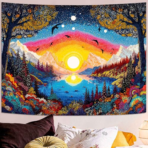 Spenlife Mountain Lake Birds Sunrise Wall Tapestry, Trippy Scenic Landscape Tapestries for Living Room Decor, Peaceful Tapestry 60x44 Inch - color: Orange, size: 60"L x 44"W