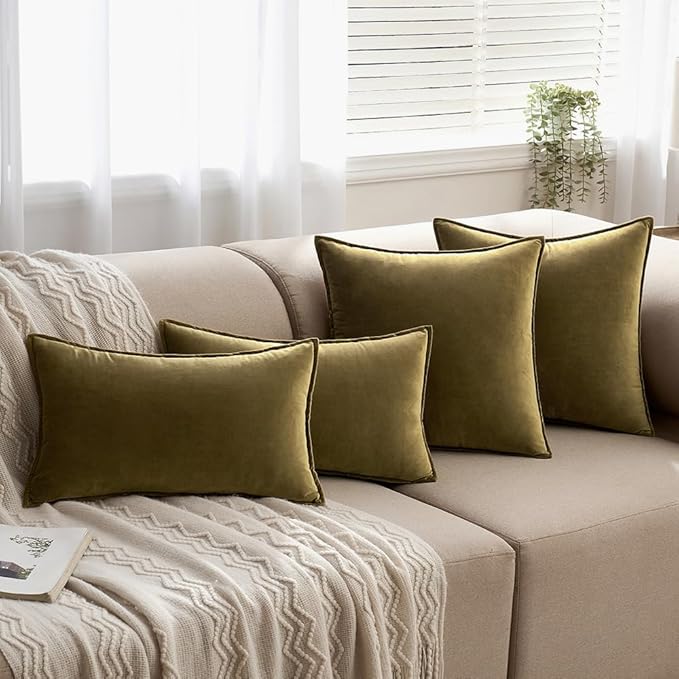 MIULEE Olive Green Velvet Throw Pillow Covers 24x24 Soft Decorative Solid Square Euro Sham Cushion Cases Pack of 2 Modern Luxury Home Decor for Couch, Sofa, Bedroom