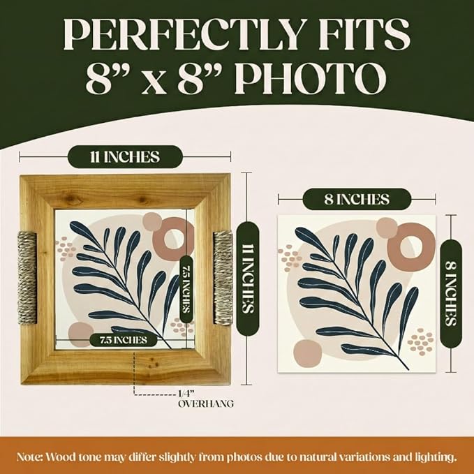Boho Picture Frame with Wicker Accents | Lightweight Wooden Frame for 8x8 Photo or Artwork Bohemian, Coastal or Biophilic Style for Wall & Tabletop | All Natural Wood & Seagrass | Golden Brown