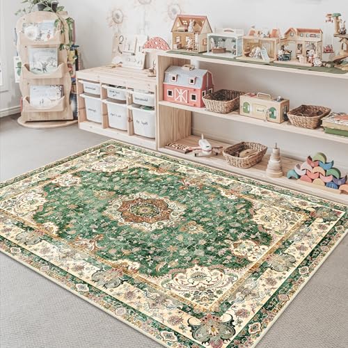 Green Rug 3'x5',Washable Area Rugs for Bedroom Living Room Kitchen Entryway Bedside,Small Boho Vintage Bohemian Distressed Oriental Non Slip Carpet,Retro Sage Floral - color: Green, size: 3'x5'