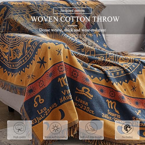 LumiSyne Cotton Woven Throw Blanket With Tassel Double-Sided Jacquard Bohemian Geometric Pattern Vintage Ethnic Style Decorative Throws For Sofa Bed Armchair Camping Blanket Tapestry Tablecloth Carpet - color: Yellow Blue Constellation, size: 90×90cm