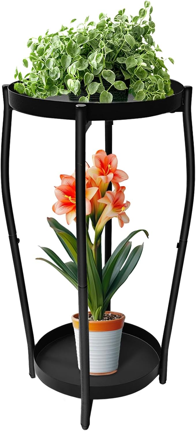 Plant Stand Indoor, 2 Tier Tall Wood Plant Stand, 4-Leg Floor Corner Plant Stands, Heavy Duty Plant Shelf Plant Rack Flower Stands For Home Decor (B - Black)