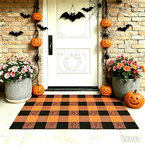 MUBIN Cotton Buffalo Plaid Rug, 27.5x43 Orange Black Outdoor Rug Front Door Decorative Mat, Washable Halloween Doormat Foldable Area Rug Layered Door Mats Rug for Front Porch, Entryway, Patio - color: Orange Black Plaid, size: 2'3" x 3'7" (Rectangular)