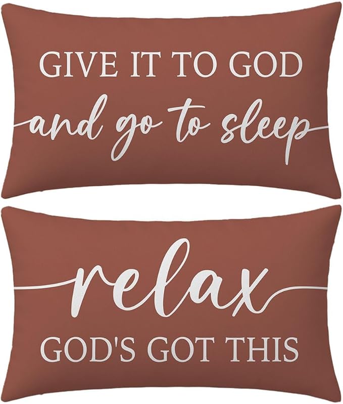 Decorative Throw Pillow Covers 12x20 Inch Set of 2 – Rust Christian Lumbar Pillowcase – Give It to God and Go to Sleep/Relax God’s Got This – Cozy Fall Thanksgiving Bedroom Bed Decor