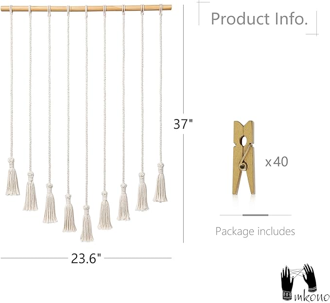 Mkono Teen Girl Room Decor Boho Macrame Hanging Photo Display, Pictures Cards Holder Wall Art for Bedroom Livingroom Dorm Home Teens Women Christmas Birthday Gift, with 40 Wood Clips, 37" L x 23.6''W